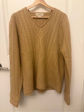 Vintage J.Crew Cable Knit Lambswool Sweater L Tan V-Neck Fall